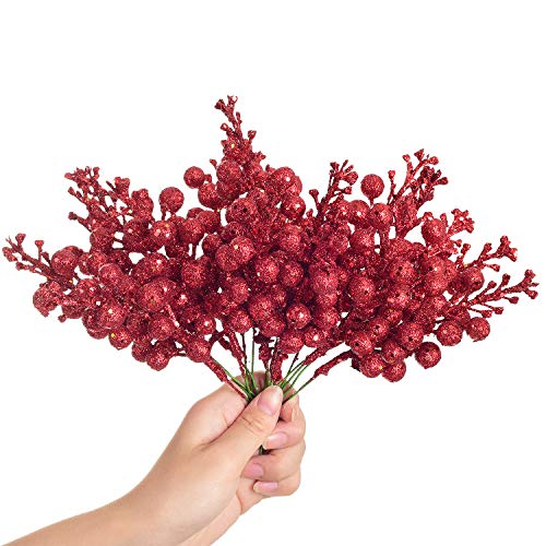 14 Pack Christmas Glitter Berries Stems- 7.8Inch