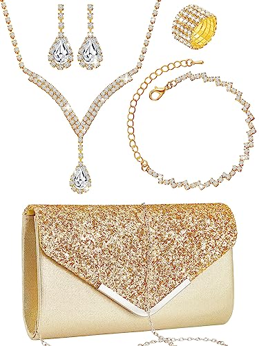 5 Pcs Purse Rhinestone Jewelry Set Rhinestone Clutch Purse Wedding Bride Prom Jewelry Necklace Earrings