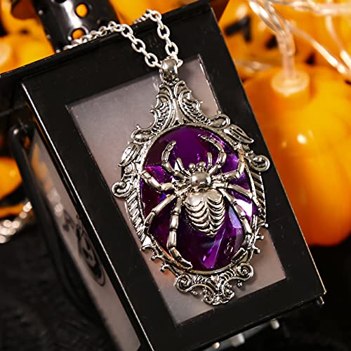 Halloween Costumes Jewelry For Women, Gothic Retro Purple Glass Stone Oval Pendant Necklace Scary Spider