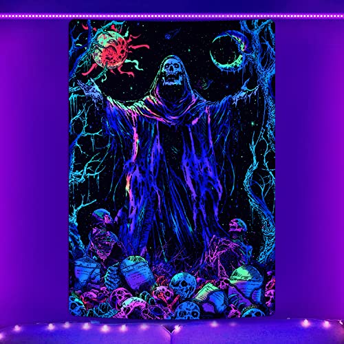 Blacklight Skull Tapestry UV Reactive Sun Moon Tapestries Gothic Wizard Skeleton Tapestry Colorful Witchy