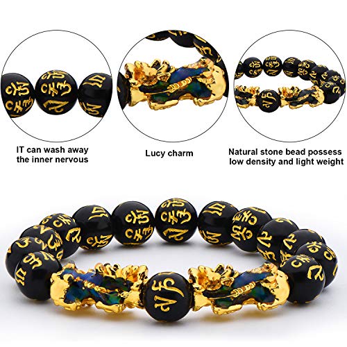 2 Pieces 12 mm Feng Shui Bead Bracelet with Hand Carved Black Amulet