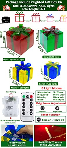 [ Bigger Size 12"-8"-6"-5" ] 4 Pcs 70 LED Lighted Gift Boxes Christmas Decorations