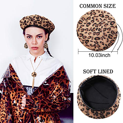 4 Pieces Women Leopard Jewelry Set French Beret Hat Leopard Leather Bracelet Earring Necklace