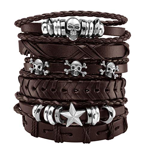 6 Pcs Leather Punk Skull Braided Bracelet  for Men/Women