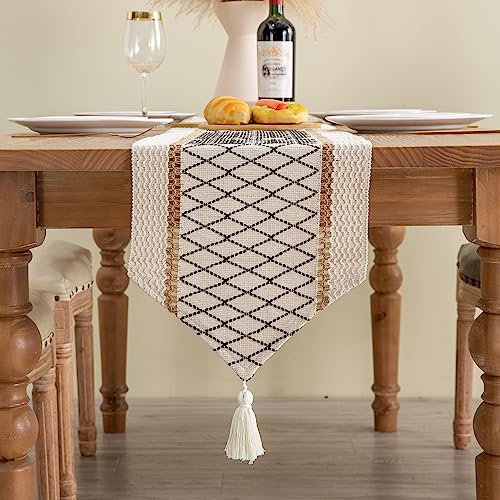 Table Runner, Boho Style with Tassels, Cotton & Linen, Farmhouse Home Decor for Living Room Dresser Scarfs