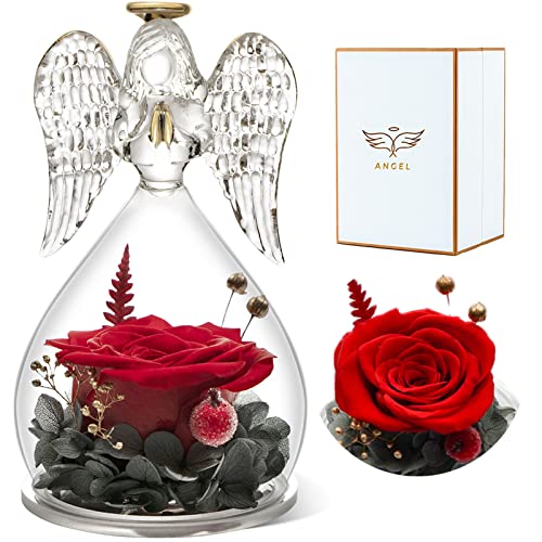 Preserved Real Rose Glass Angel Figurine Gifts for Mothers Day