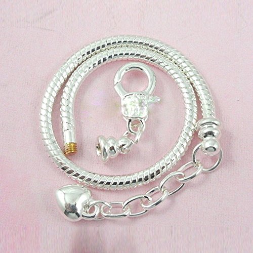 5pcs Women Silver Snake Chain Charm Bracelet Starter with Classic Bead Lobster Clasp Fits All Beads,7.5 inch