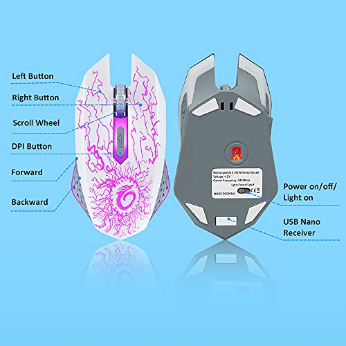 Wireless Gaming Mouse, Rechargeable w/ Colorful LED Lights, Silent Click, 2.4G USB Nano Receiver