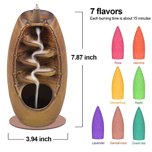 Ceramic Backflow Incense Holder Waterfall Incense Burner Bundle includes 120 Backflow Incense Cones + 30 Incense Sticks, Aromatherapy Home Decor