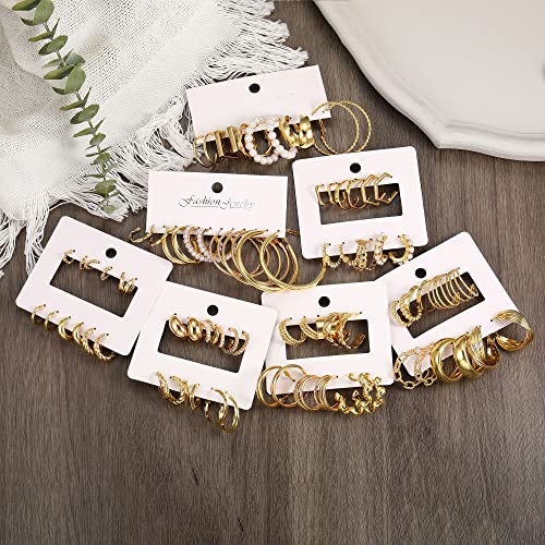 42 Pairs Gold Hoop Earrings Set for Women, Fashion Chunky Pearl Earrings Multipack Twisted Statement Earring