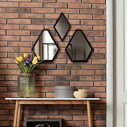 Decorative Mirrors- Set of 3, Geometric Rustic Wood Real Mirror w/ Shelf