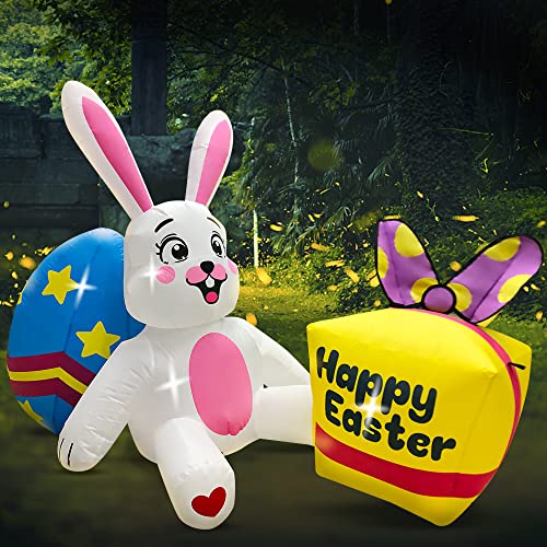 6FT Easter Inflatable Decoration Bunny w/ Egg & Candy Bo w/, Build-in LED Lights