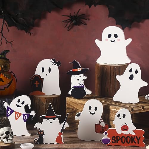 9 Pcs Halloween Wooden Ghost Table Sign Tiered Tray