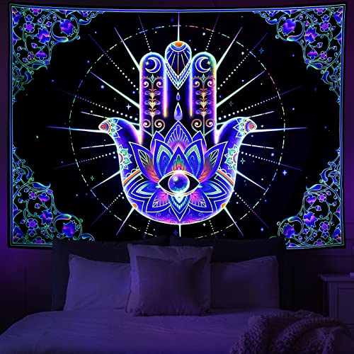 Extra Large Blacklight Hamsa Evil Eye Tapestry