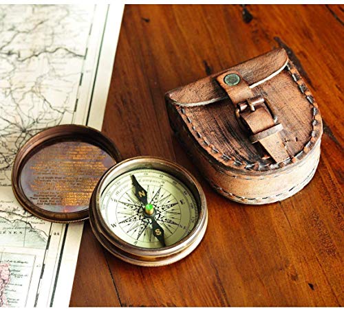 Antiqued Brass Poem Compass w/ Leather Case for Home Decoration