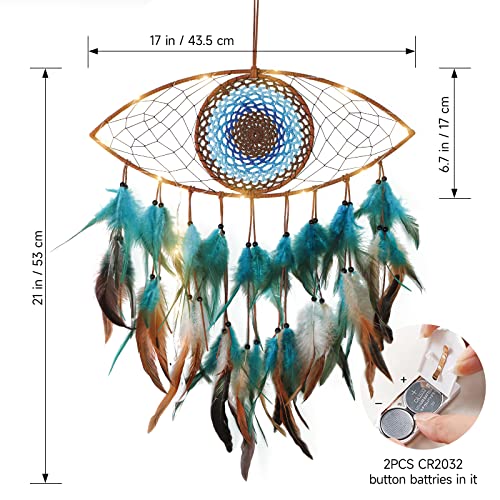 Evil Eye Dream Catcher with Fairy Lights, Blue Brown Dream Catchers for Bedroom, Evil Eye Wall Hanging