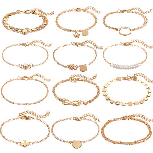 12 Pcs Gold Handmade Adjustable Chain Charm Bracelet Set