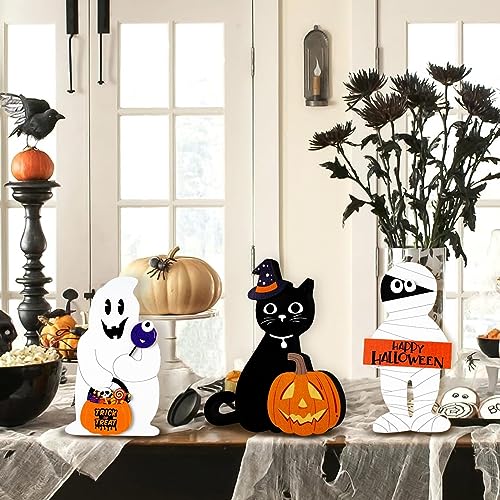 Halloween Decorations Indoor for Home Wood Signs Ghost Black Cat Mummy Table Centerpiece
