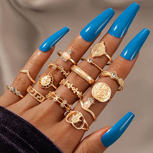 Vintage Ring Set Carved Knuckle Crystal Rings Set Gold Stackable Midi Rings Finger Jewelry for Women