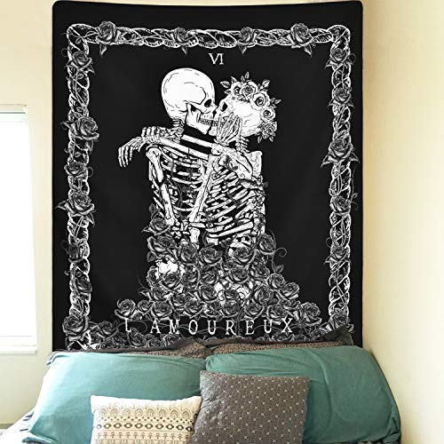 Skull Tapestry Meditation Skeleton , Chakra, Starry Black and White Stars