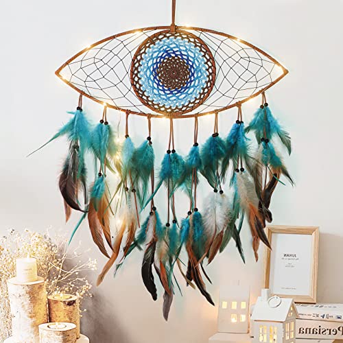 Evil Eye Dream Catcher with Fairy Lights, Blue Brown Dream Catchers for Bedroom, Evil Eye Wall Hanging