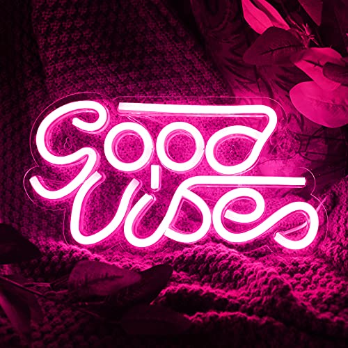 Good Vibes Neon Sign for Wall Decor, Reusable, Powered by USB (White, Pink, Blue)