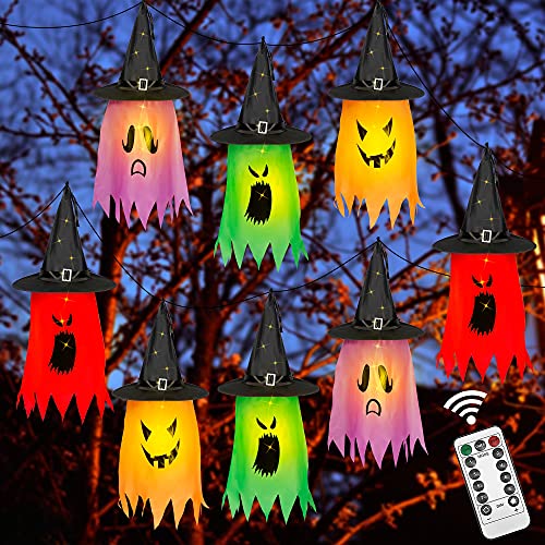 8 Pcs Hanging Witch Hats, 14ft 56 LEDs  Remote Control String Lights, Battery Powered with 8 Lighting Modes for Garden, Yard, Tree