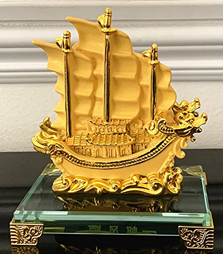 Feng Shui Gold Dragon Sailing Ship Statue Decor for Success and Fortune