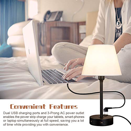 Touch Control Table Lamp Built in Dual USB Ports & AC Outlet, White Fabric Shade 3 Way Dimmable