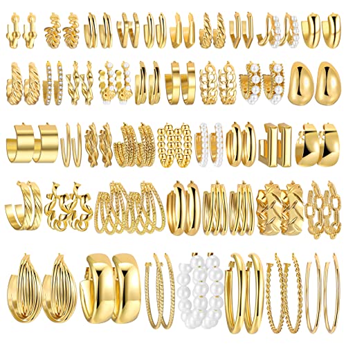 42 Pairs Gold Hoop Earrings Set for Women, Fashion Chunky Pearl Earrings Multipack Twisted Statement Earring