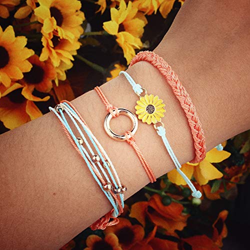 Sunflower String Bracelet Handmade Braided Rope Charms Boho Surfer Bracelet