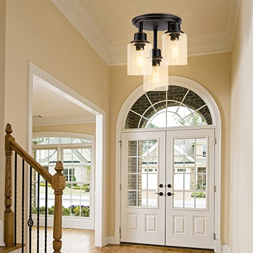 Semi Flush Mount Ceiling 3-Light Fixtures, w/ Clear Seeded Glass Shade