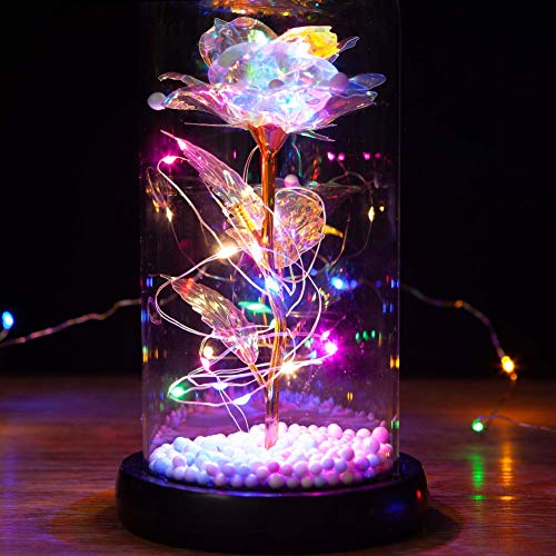 Galaxy Rose Flowers Forever Enchanted with Colorful LED Light in Glass Dome for Romantic Gifts