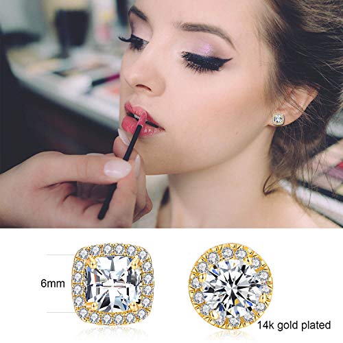 18K White Gold Plated Round Square Cubic Zirconia Simulated Diamond Halo Stud Earrings (2 Pairs)