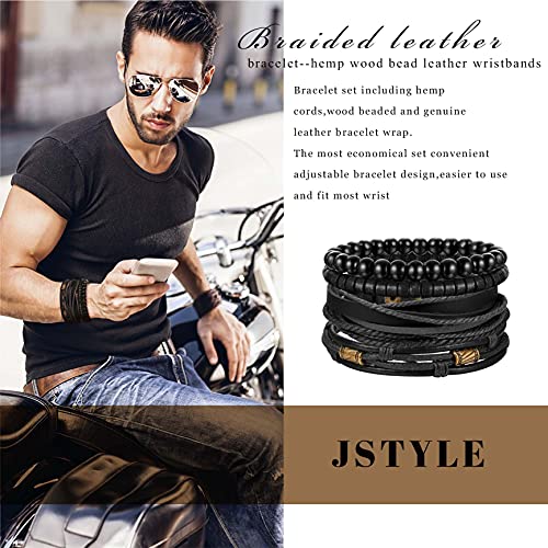 4Pcs Braided Leather Bracelet Cuff Bead Bracelet Set -Unisex