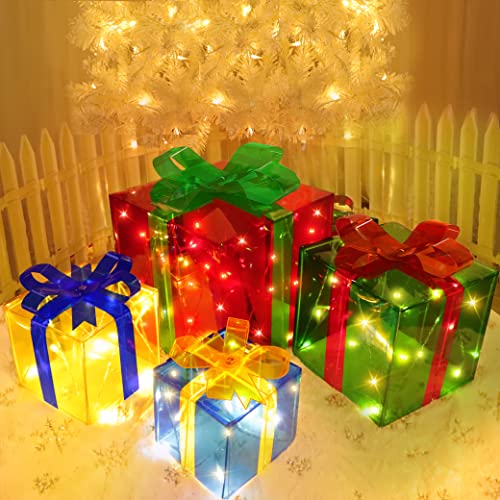 [ Bigger Size 12"-8"-6"-5" ] 4 Pcs 70 LED Lighted Gift Boxes Christmas Decorations