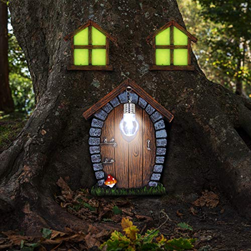 Fairy Gnome Home Miniature Window & Door w/ Litter lamp for Trees Decoration - Glow in Dark