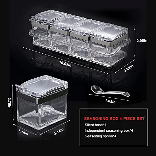 Set of 4 Acrylic Clear Box for Seasoning w/ Cover & Spoon