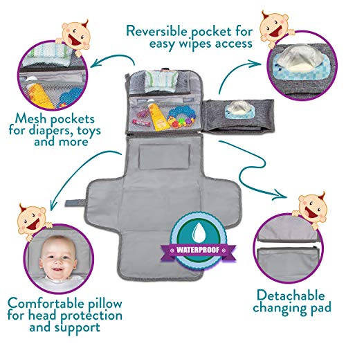 Portable Changing Pad for Newborn Girl & Boy w/ Smart Wipes Pocket – Waterproof