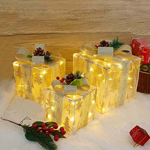 Twinkle Star Set of 3 Christmas Lighted Pop Up Gift Boxes Decorations, Tinsel Present Box, Pre-lit 60 LED Light