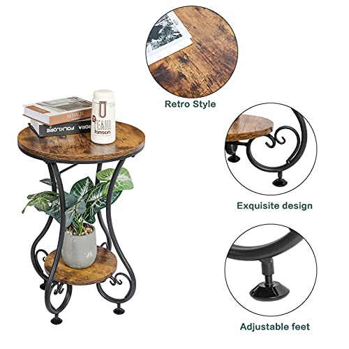 Round Side Table for Small Spaces, Rustic Brown & Black