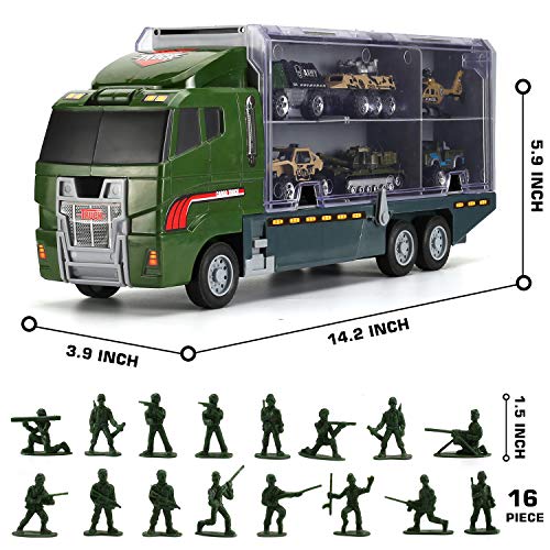 26 Pcs Military Truck w/ Soldier Men Set(2 in 1), Mini Die-cast Battle Car in Carrier Truck, Army Toy