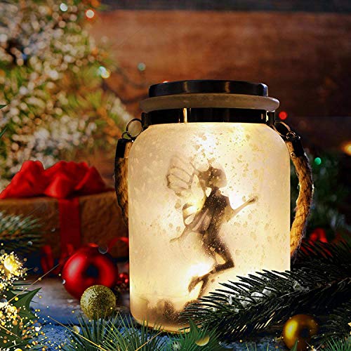 Solar Lantern Fairy Lights White Frosted Glass Hanging Jar 20 Warm White Mini LED String Lights (Fairy)