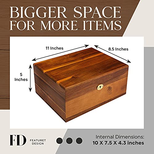 Large Premium Acaca Wooden Storage Box w/ Hinged Lid & Locking Key 11 X 8.5 X 5 Inches