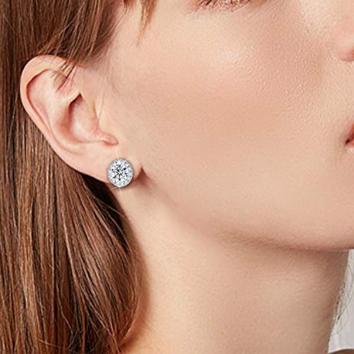 18K White Gold Plated Round Square Cubic Zirconia Simulated Diamond Halo Stud Earrings (2 Pairs)