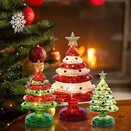 3 pcs Sparkling Mini Colorful Glass Christmas Tree w/ LED Lights & Timer