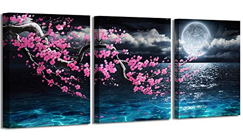 Framed 3 Pieces Plum Blossom Moon Ocean Wall Canvas Art  Size 12x16 Each Panel