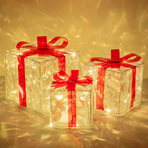 Set of 3 Christmas 60 LED Lighted Presents Boxs with Red Bows, Transparent Warm White Lighted