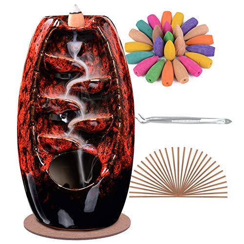 Ceramic Backflow Incense Holder Waterfall Incense Burner Bundle includes 120 Backflow Incense Cones + 30 Incense Sticks, Aromatherapy Home Decor