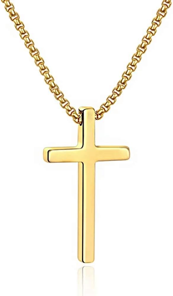 Cross Necklace for Men, Silver Black Gold Stainless Steel Plain Cross Pendant Necklace for Men Box Chain 16-30 Inch